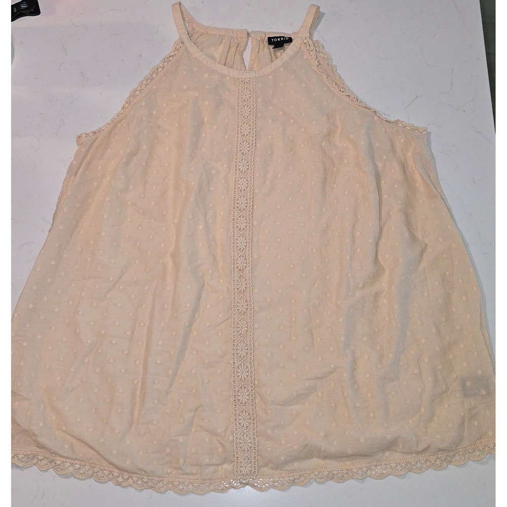 Torrid Peach Swiss Dot Lace Trim Halter Top Sleeveless Cotton Blouse Plus Size 1